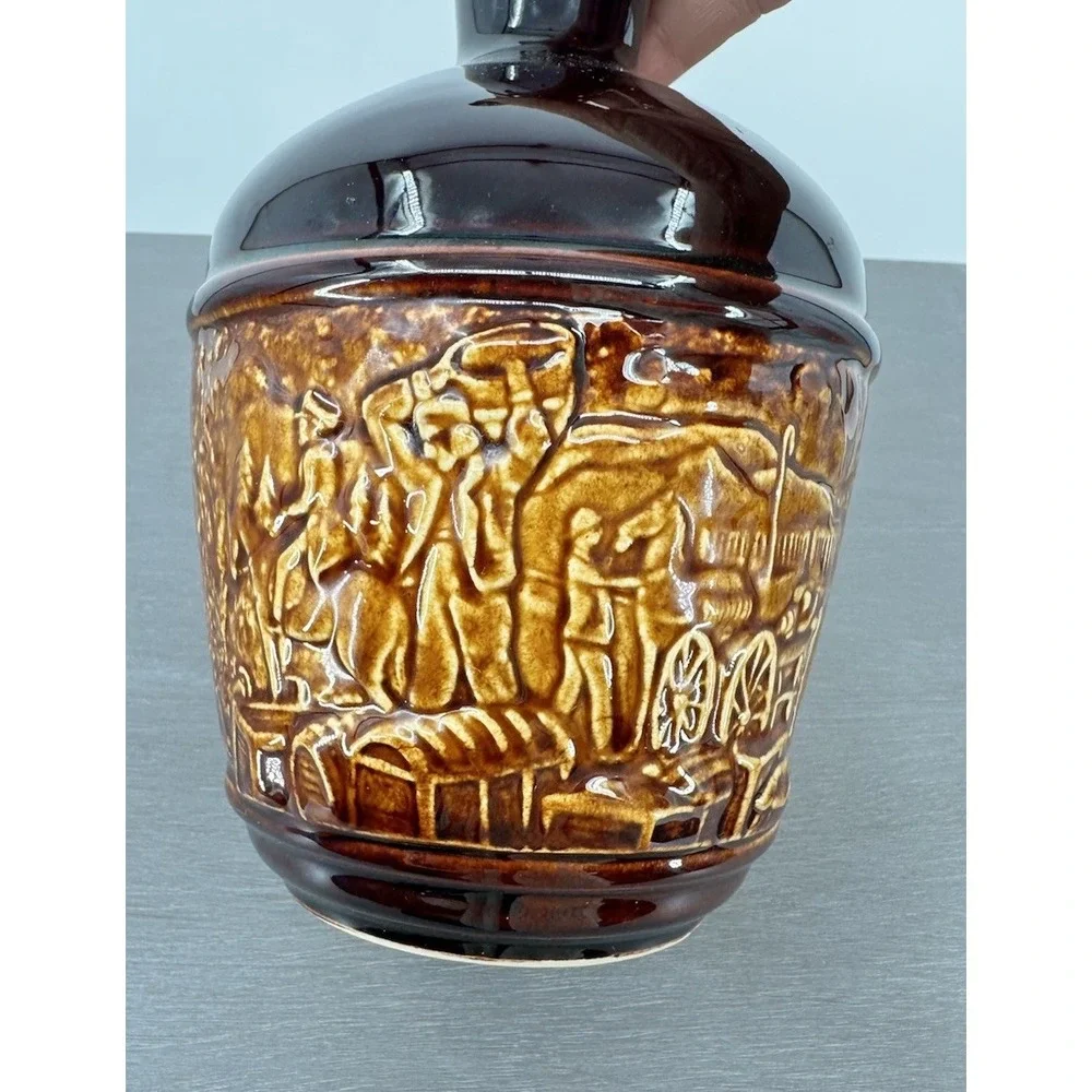 Vintage Kentucky Empty Whiskey Bottle with Bas Relief Pottery Locomotive Scene